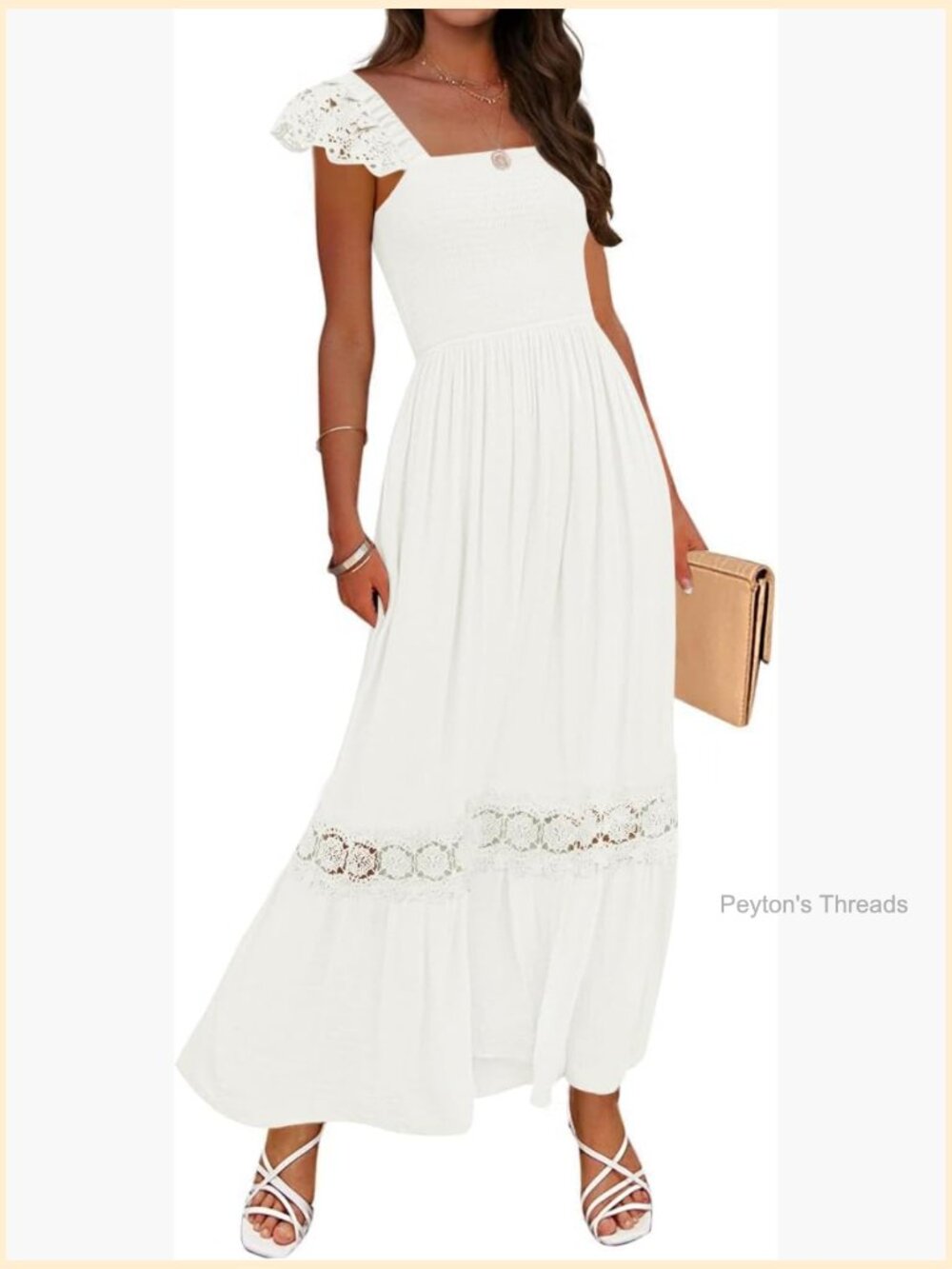 Lace Strap Sleeveless Square Neck Smocked High Waist Ruffle A-Line Maxi Dress - Picture 1 of 7